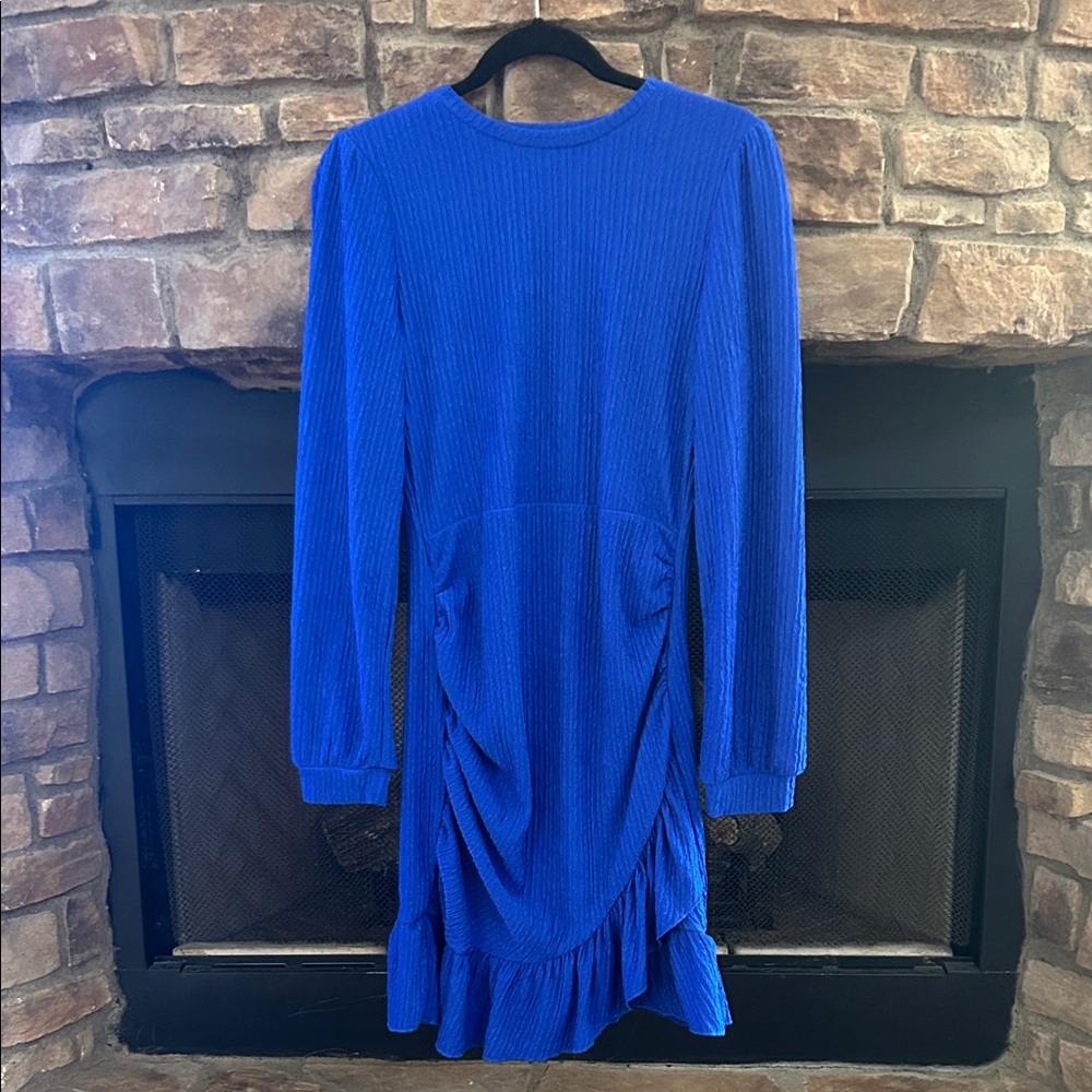 New Vibrant Blue Long-Sleeve Dress With Rushing And Rufffles. Medium